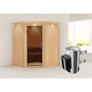 Elementsauna 'Valeria' naturbelassen mit Kranz und graphitfarbener Tür 3,6 kW Ofen integrierte Steuerung 165 x 165 x 202 cm