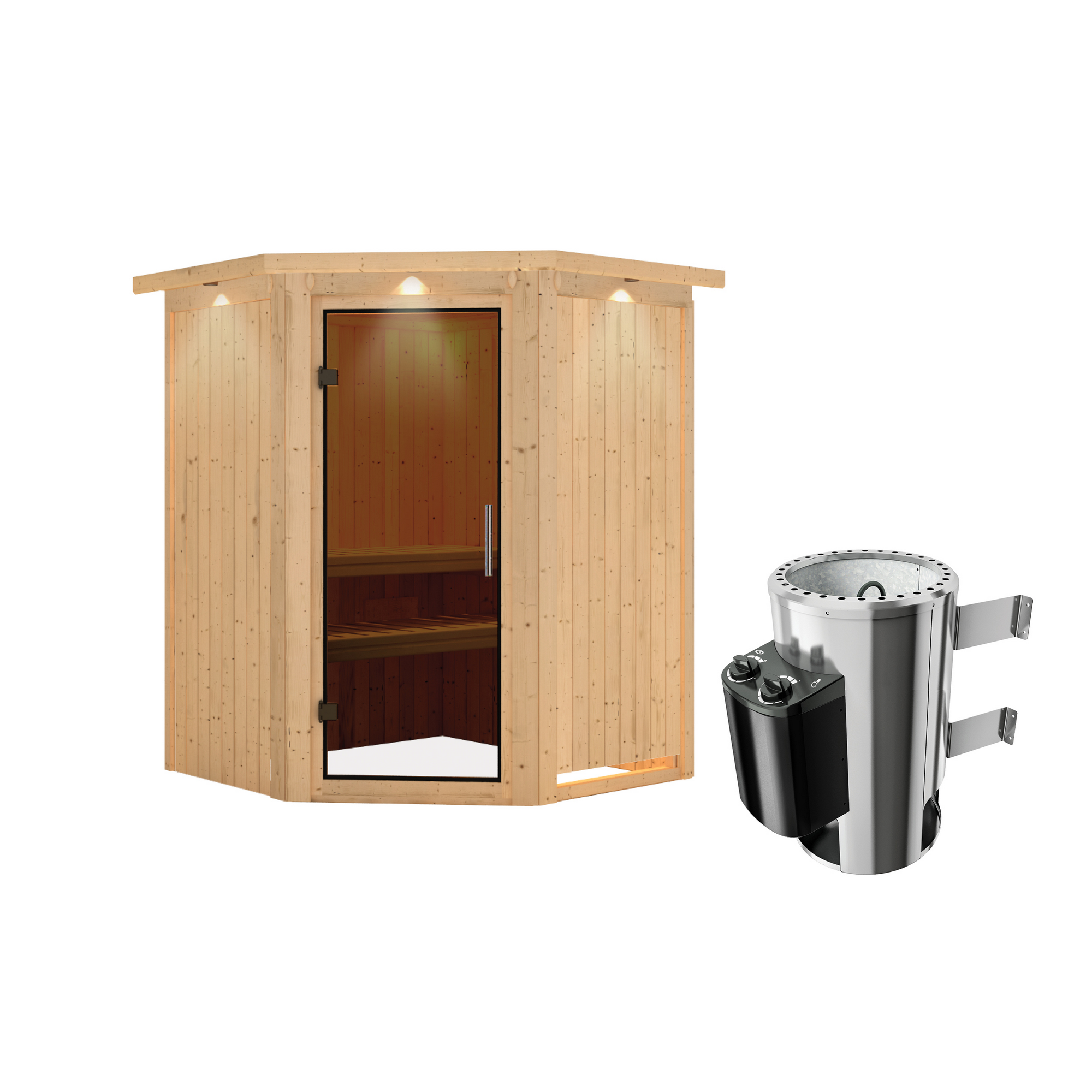 Elementsauna 'Valeria' naturbelassen mit Kranz und graphitfarbener Tür 3,6 kW Ofen integrierte Steuerung 165 x 165 x 202 cm + product picture