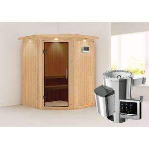 Elementsauna 'Valeria' naturbelassen mit Kranz und graphitfarbener Tür 3,6 kW Ofen externe Steuerung Easy 165 x 165 x 202 cm