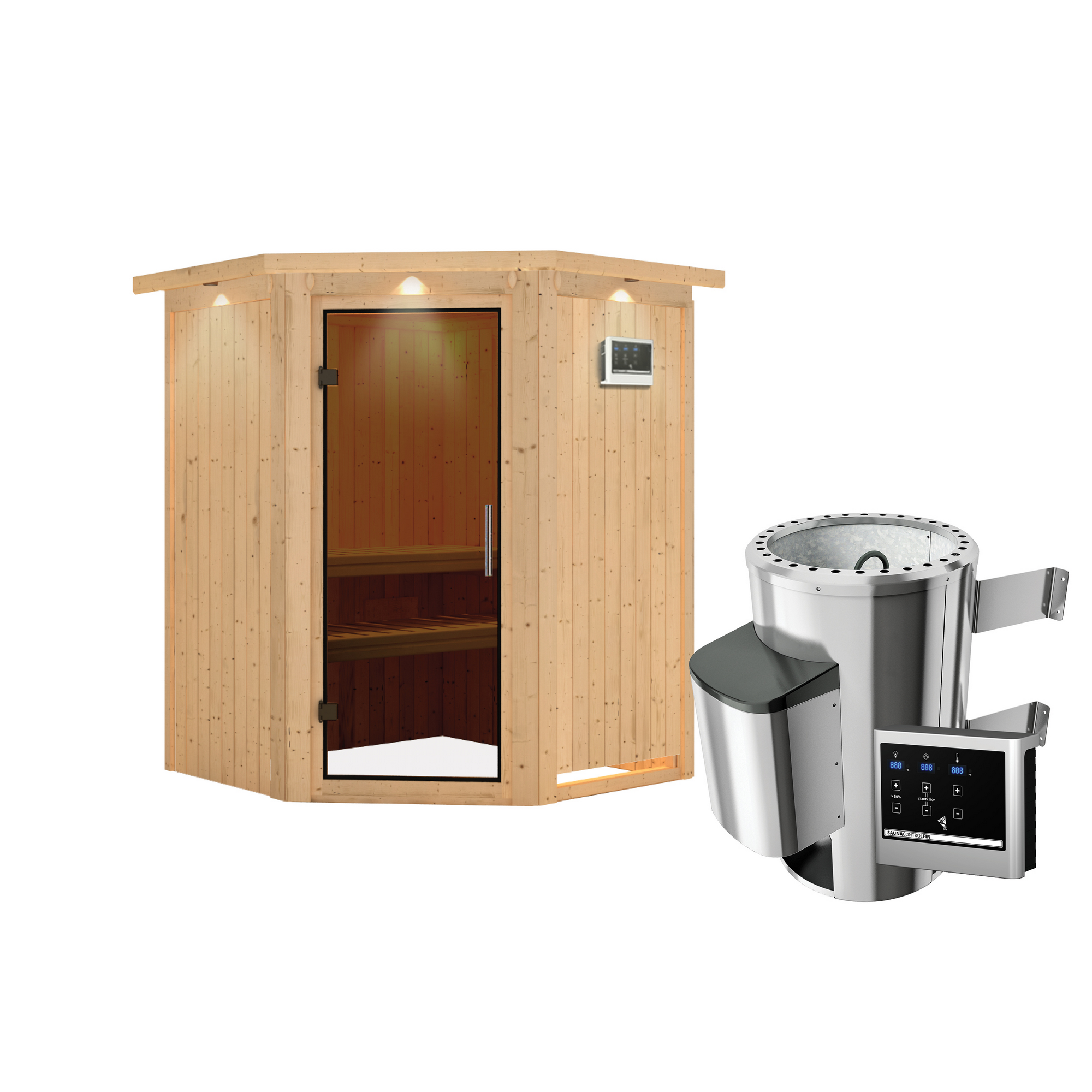 Elementsauna 'Valeria' naturbelassen mit Kranz und graphitfarbener Tür 3,6 kW Ofen externe Steuerung Easy 165 x 165 x 202 cm + product picture