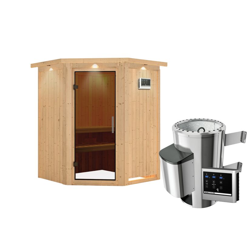 Eck-Sauna aus Holz mit Saunaofen