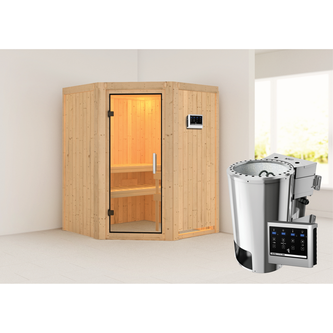 Bild von Elementsauna 'Valeria' naturbelassen mit Klarglastür 3,6 kW Bio-Ofen externe Steuerung Easy 151 x 151 x 198 cm