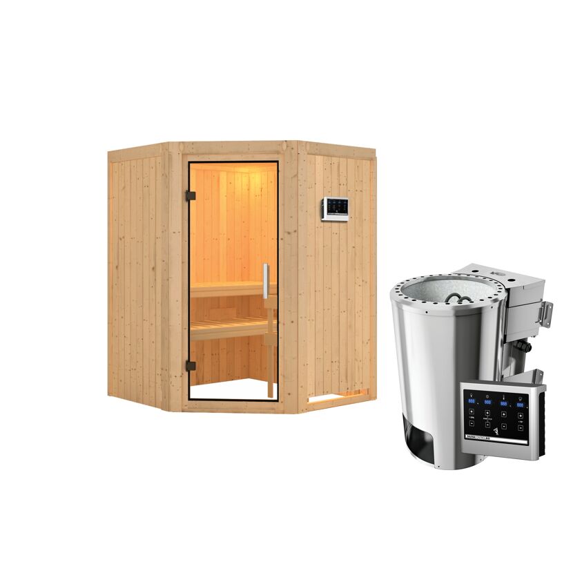 Elementsauna 'Valeria' naturbelassen mit Klarglastür 3,6 kW Bio-Ofen externe Steuerung Easy 151 x 151 x 198 cm