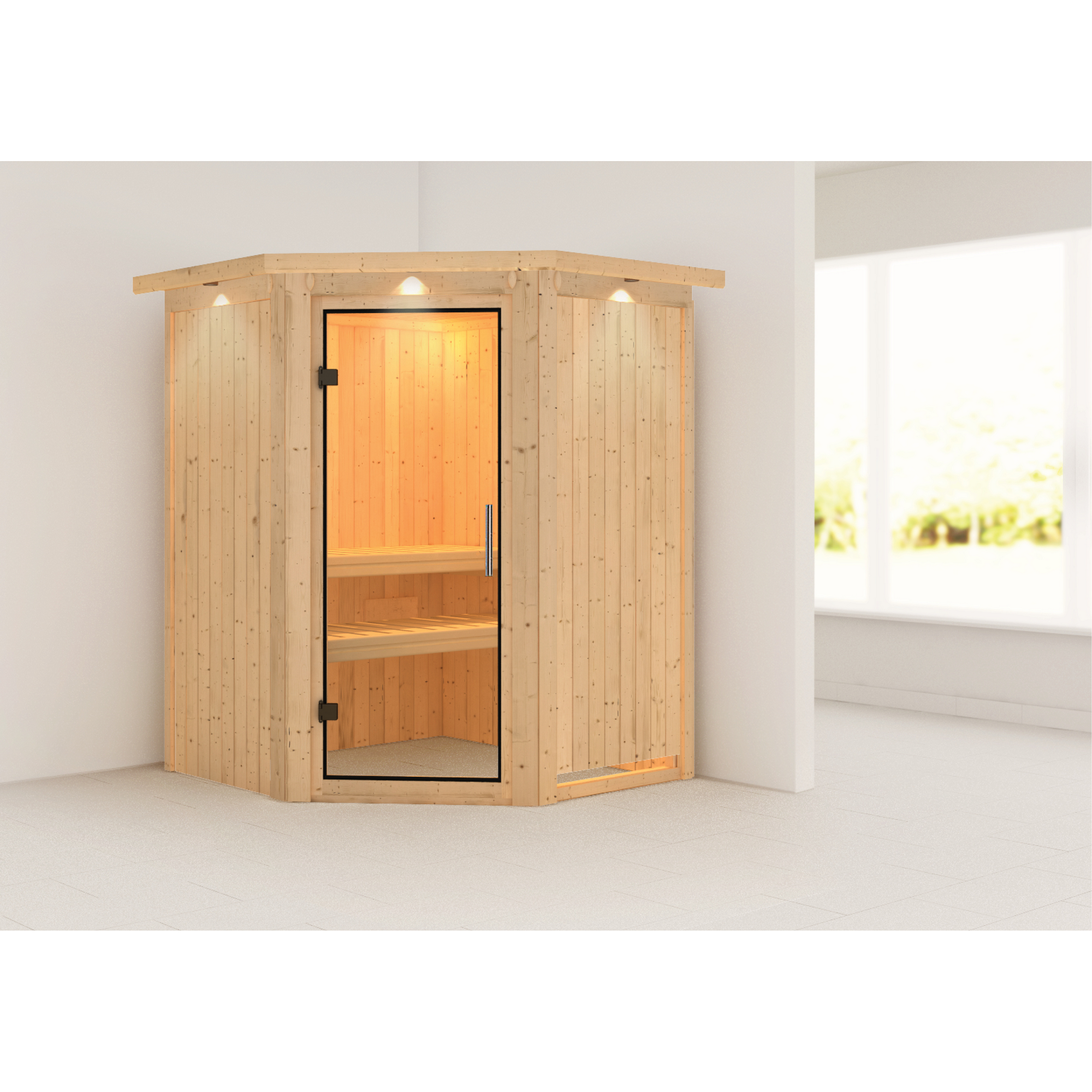 Elementsauna 'Valeria' naturbelassen mit Kranz und Klarglastür 165 x 165 x 202 cm
