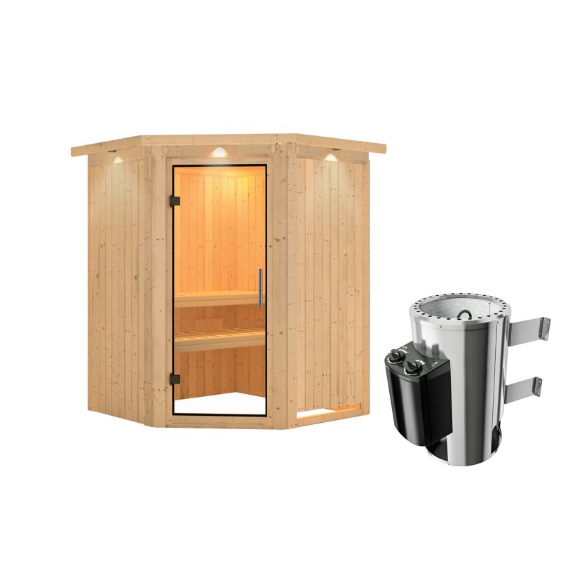 Eck-Sauna aus Holz mit Saunaofen