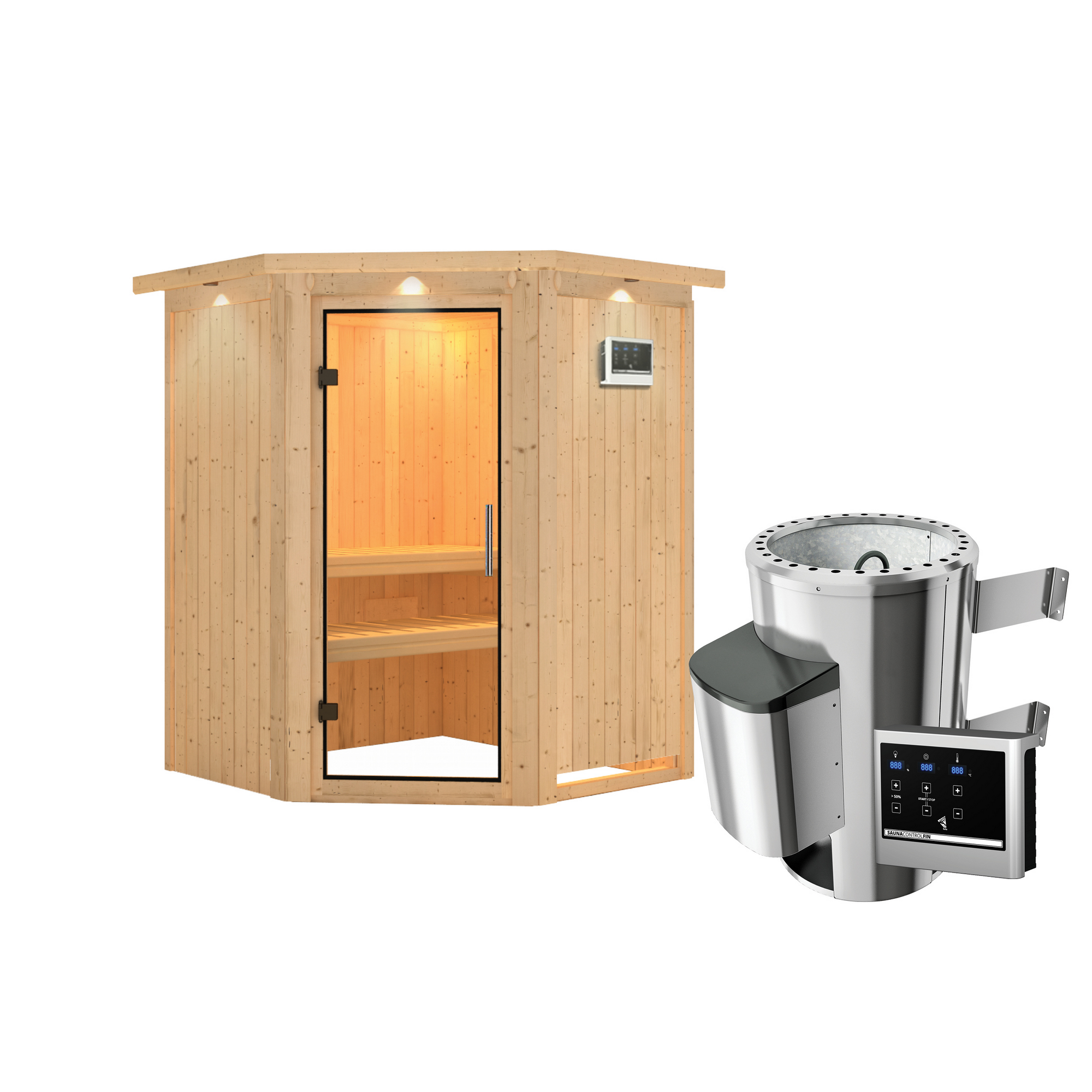 Elementsauna 'Valeria' naturbelassen mit Kranz und Klarglastür 3,6 kW Ofen externe Steuerung Easy 165 x 165 x 202 cm + product picture