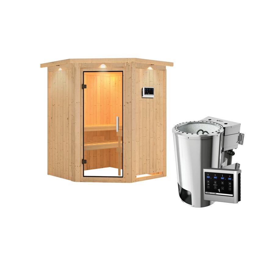 Elementsauna 'Valeria' naturbelassen mit Kranz und Klarglastür 3,6 kW Bio-Ofen externe Steuerung Easy 165 x 165 x 202 cm