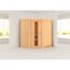 Ecksauna aus hellem Holz.