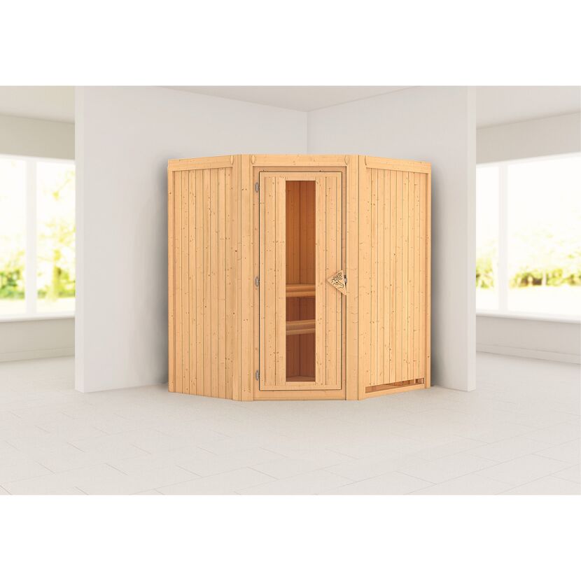 Ecksauna aus hellem Holz.
