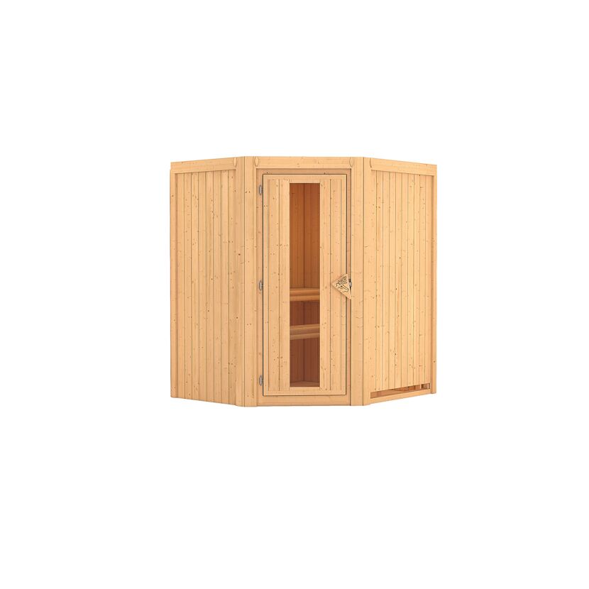 Eck-Sauna aus hellem Holz.