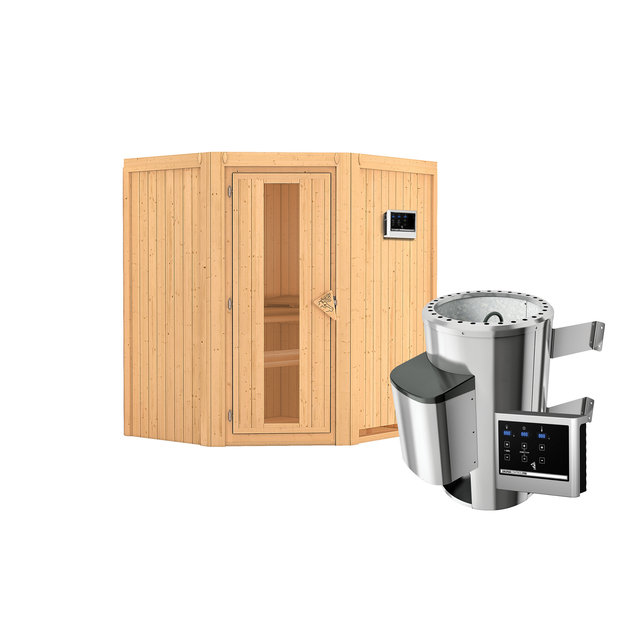 Elementsauna 'Emma' naturbelassen mit Energiespartür 3,6 kW Ofen externe Steuerung Easy 170 x 151 x 198 cm + product picture