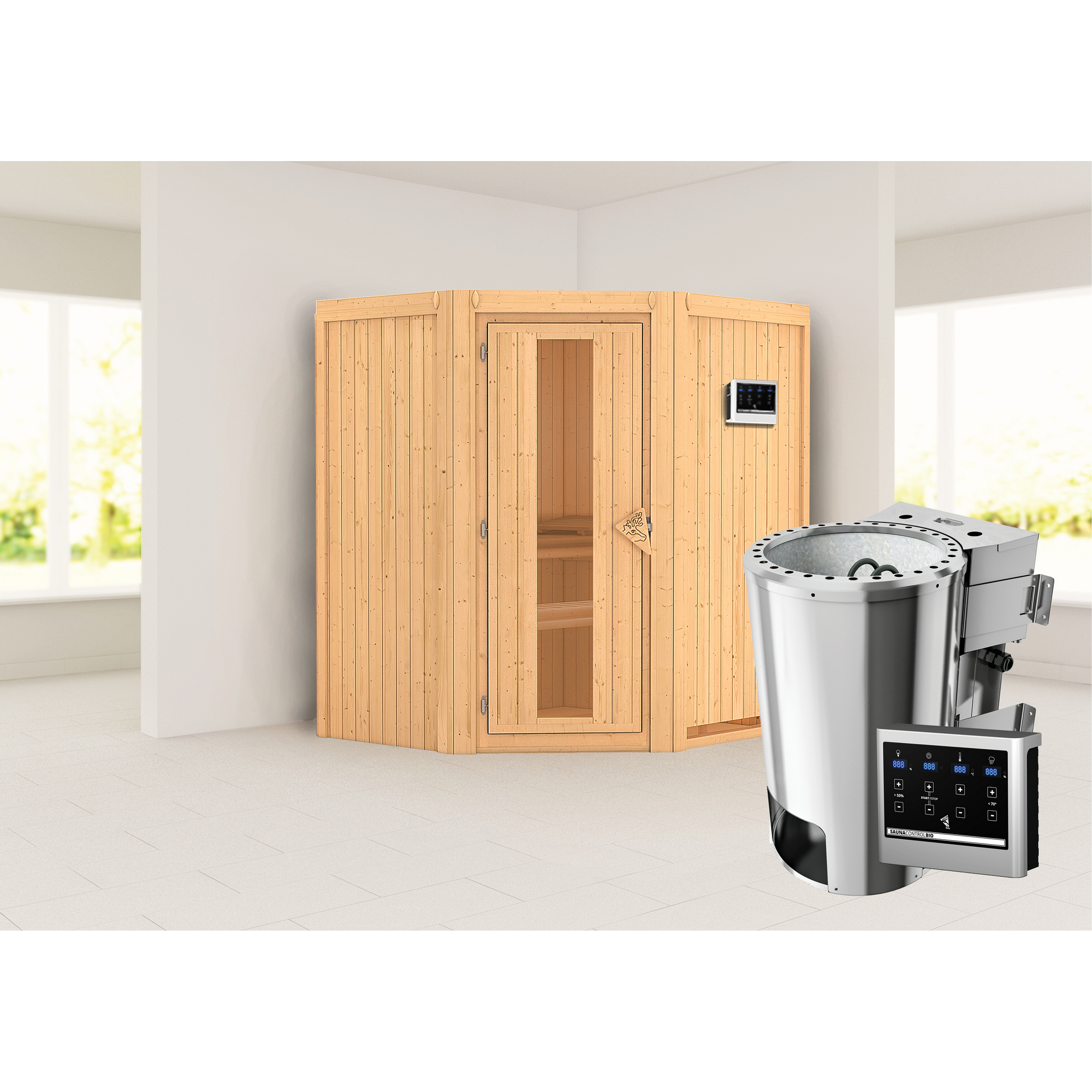 Elementsauna 'Emma' naturbelassen mit Energiespartür 3,6 kW Bio-Ofen externe Steuerung Easy 170 x 151 x 198 cm
