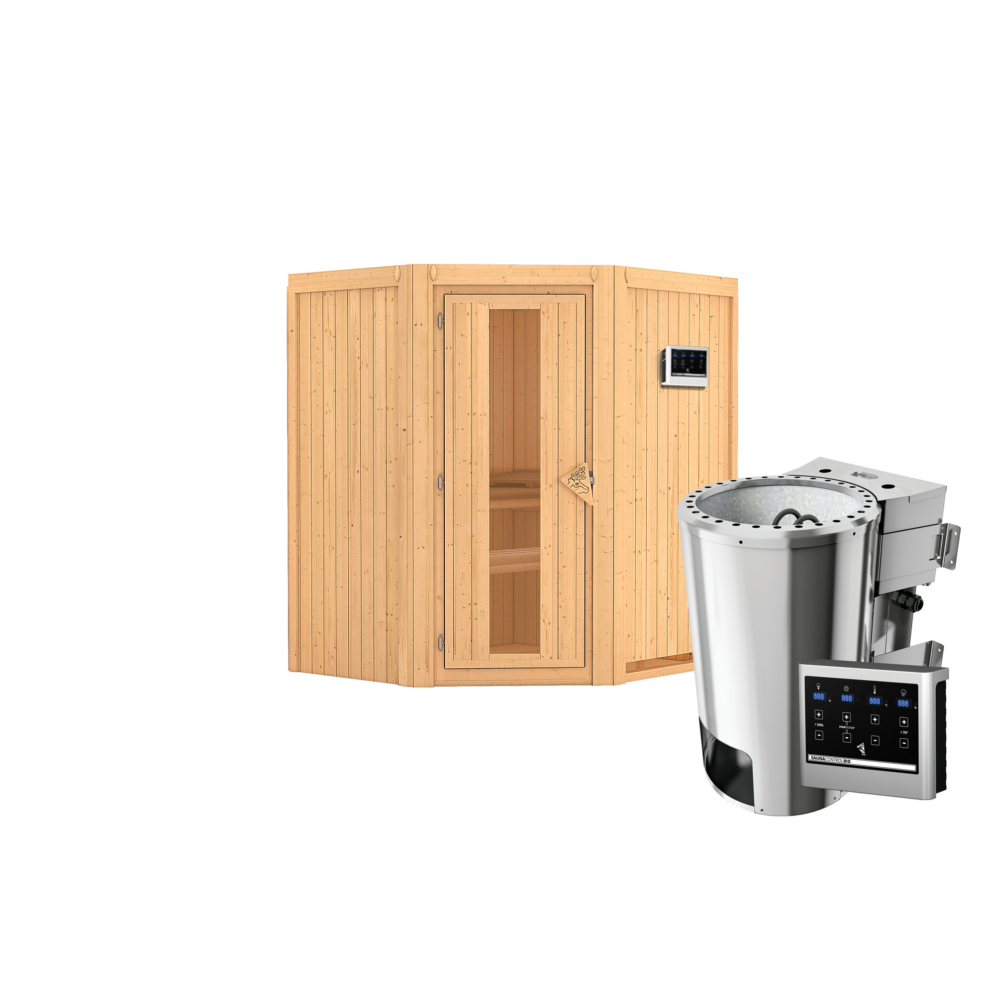 Elementsauna 'Emma' naturbelassen mit Energiespartür 3,6 kW Bio-Ofen externe Steuerung Easy 170 x 151 x 198 cm