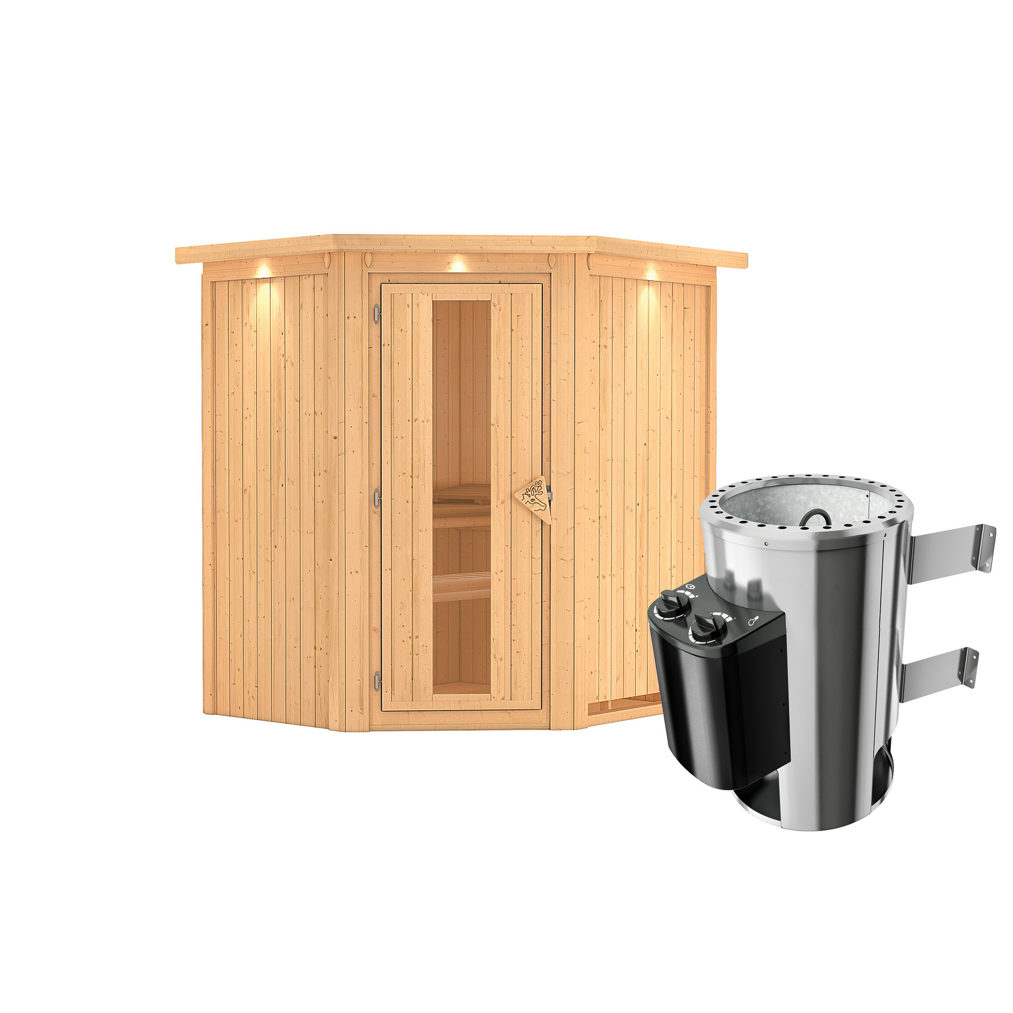 Elementsauna 'Emma' naturbelassen mit Energiespartür und Kranz 3,6 kW Ofen integrierte Steuerung 184 x 165 x 202 cm