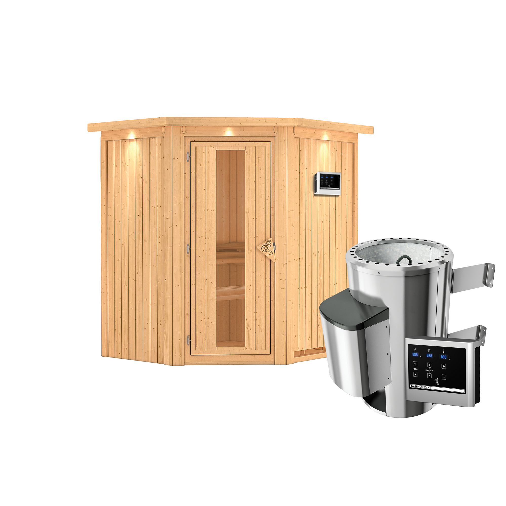 Eck-Sauna Emma aus Holz mit Saunaofen