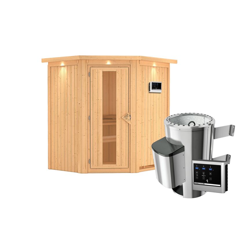 Eck-Sauna Emma aus Holz mit Saunaofen