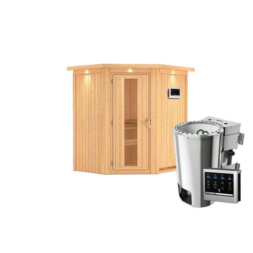 Eck-Sauna aus Holz mit Saunaofen und Steuerung