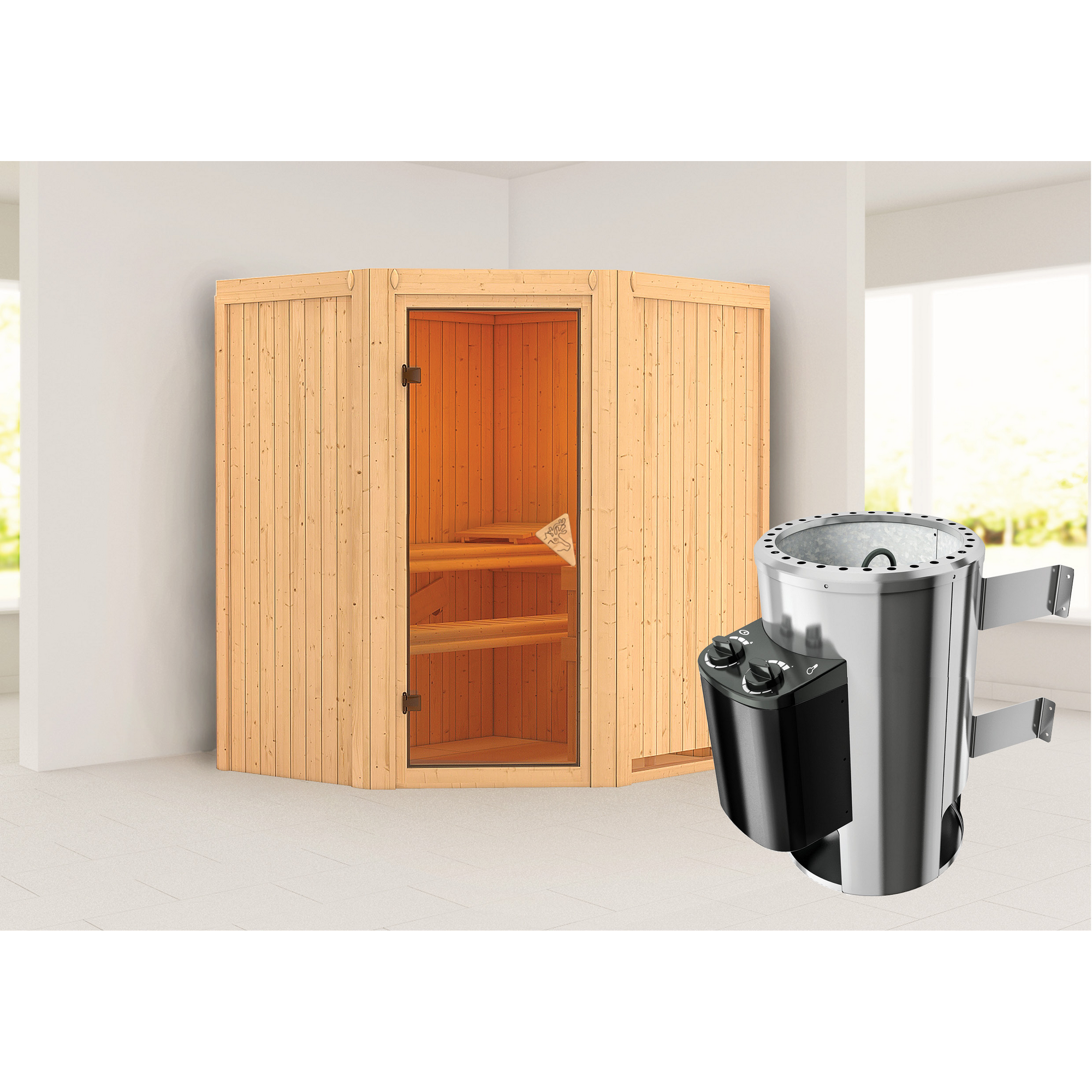 Elementsauna 'Emma' naturbelassen mit bronzierter Tür mit 3,6 kW Ofen integrierte Steuerung 170 x 151 x 198 cm