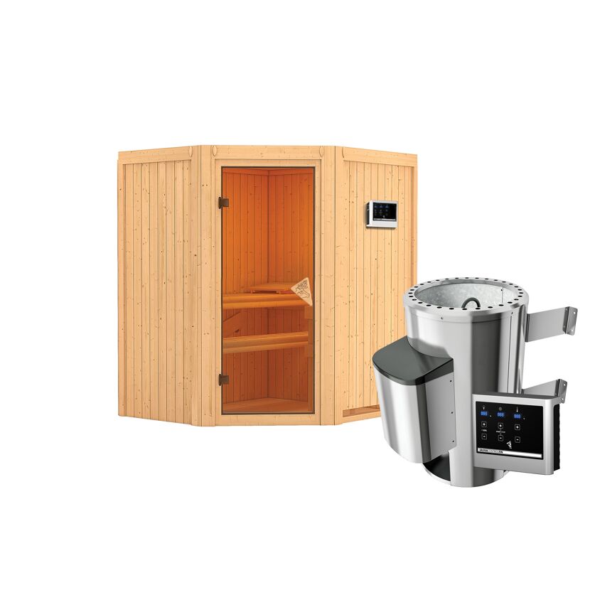 Eck-Sauna aus Holz mit Saunaofen und Steuerung