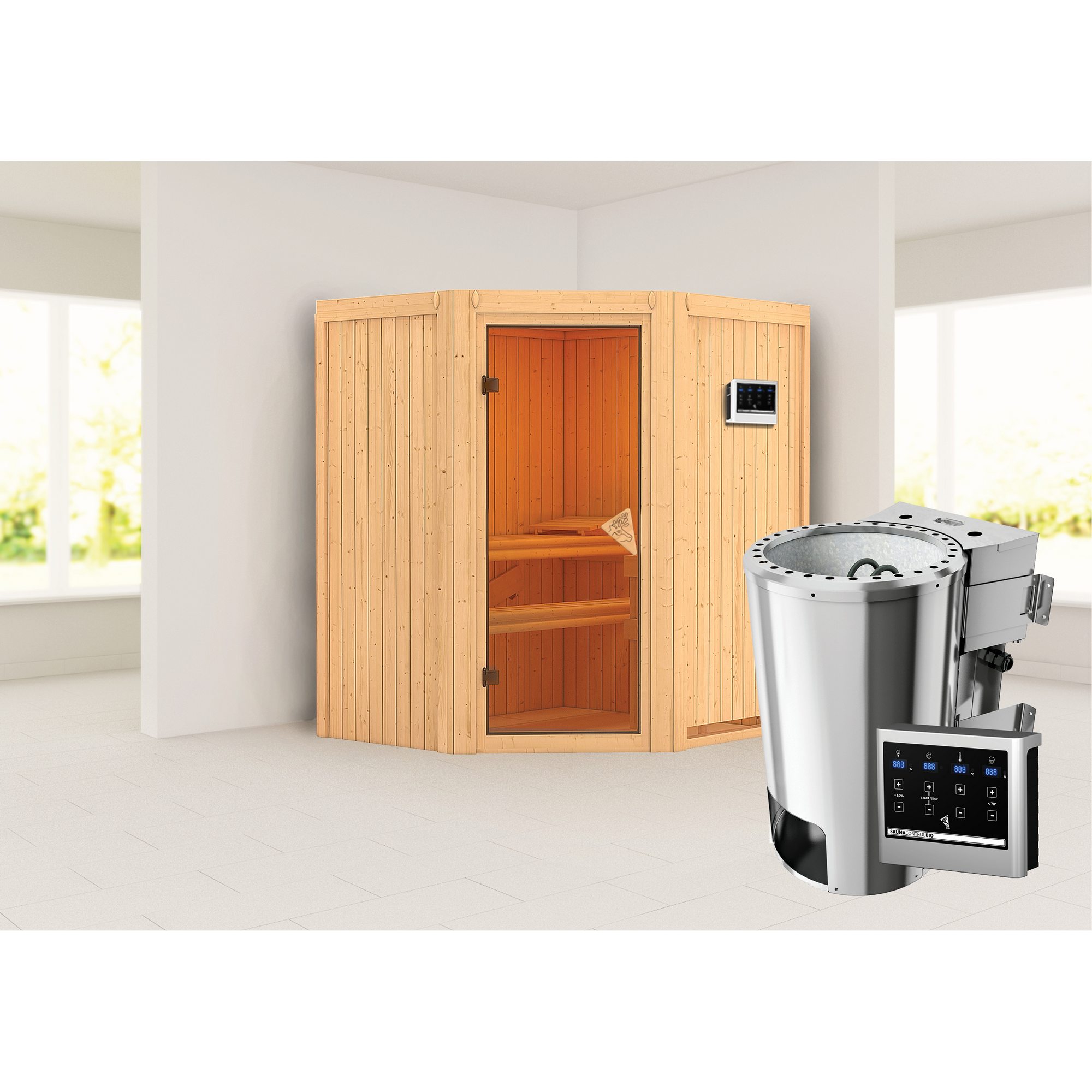 Elementsauna 'Emma' naturbelassen mit bronzierter Tür mit 3,6 kW Bio-Ofen externe Steuerung Easy 170 x 151 x 198 cm