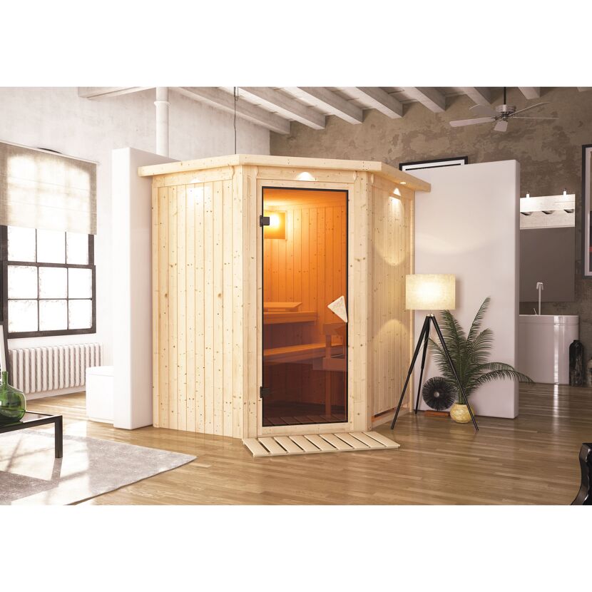 Eck-Sauna aus hellem Holz mit Glastür