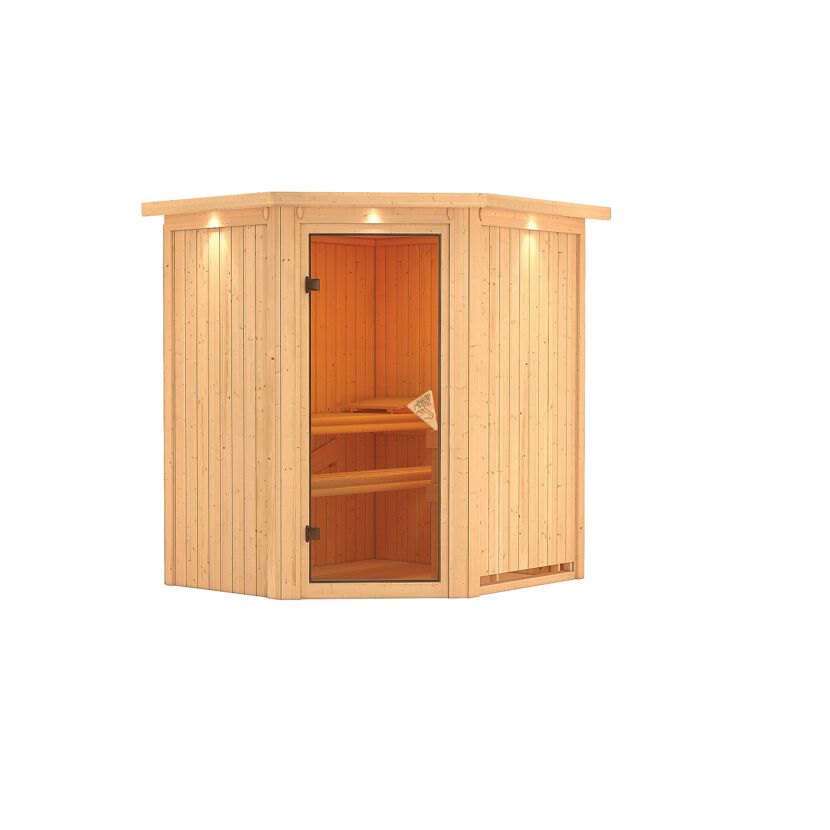 Eck-Sauna aus Holz mit offener Tür