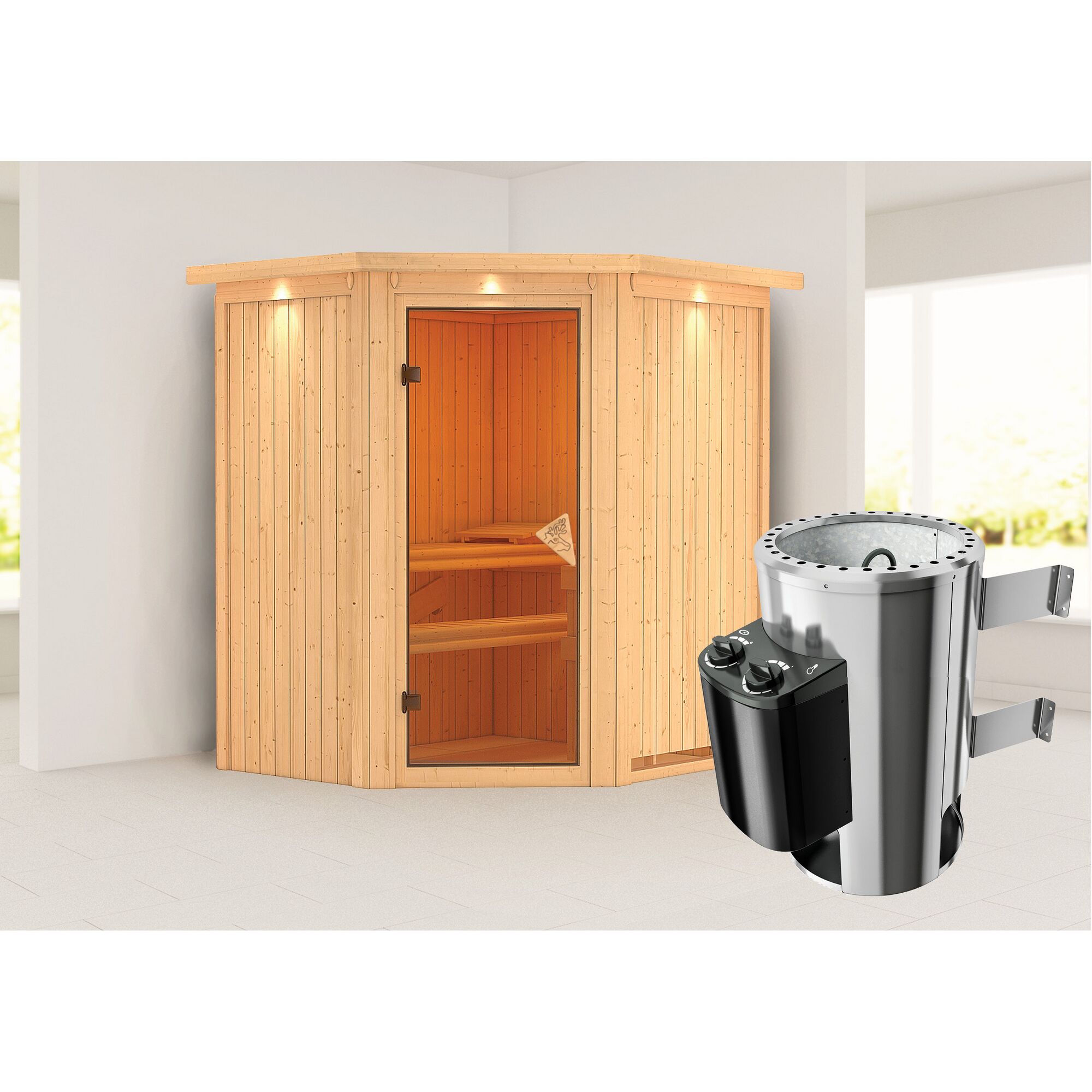 Eck-Sauna aus Holz mit Saunaofen