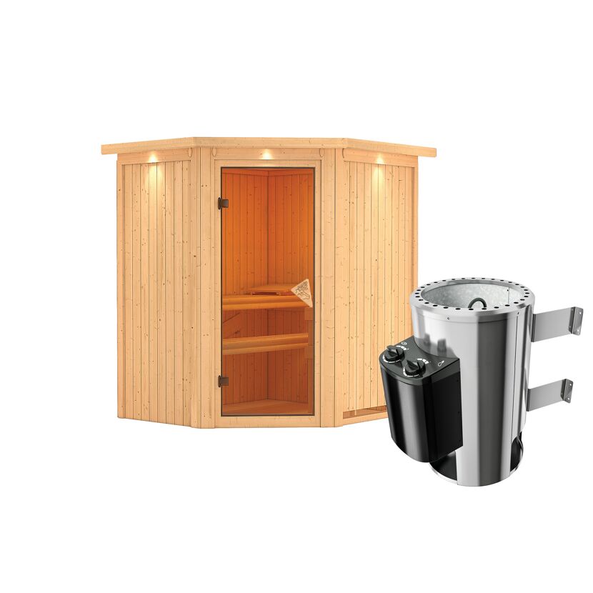 Eck-Sauna aus Holz mit Saunaofen