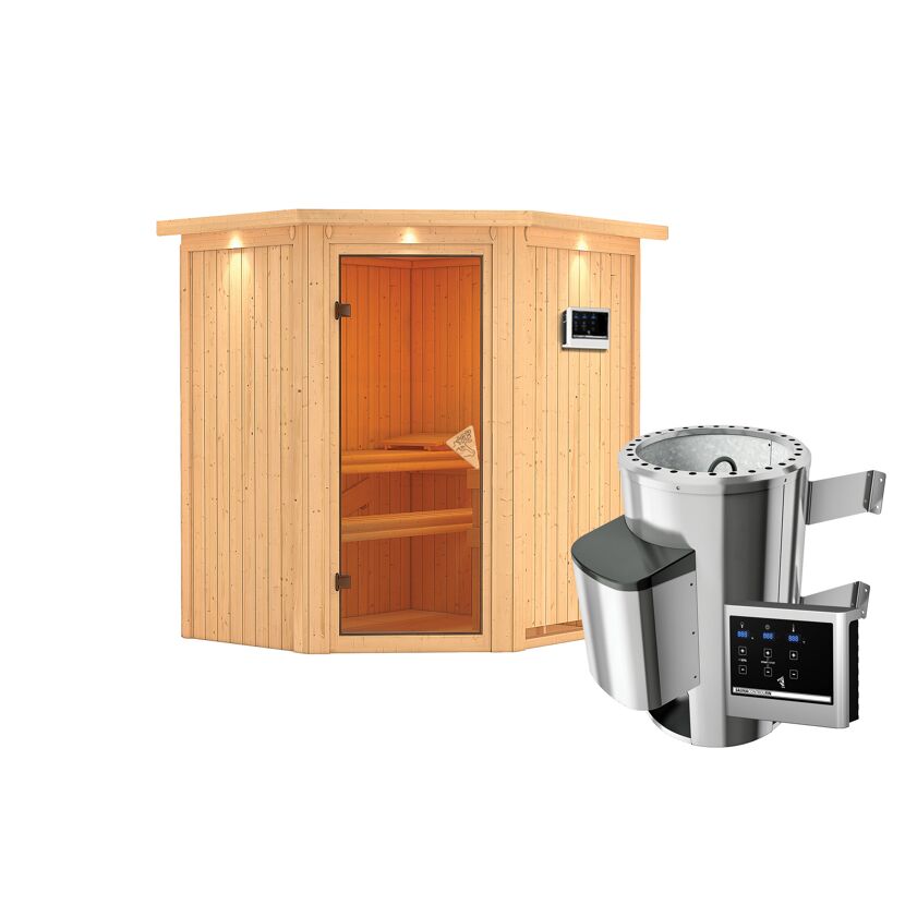 Eck-Sauna aus Holz mit Saunaofen