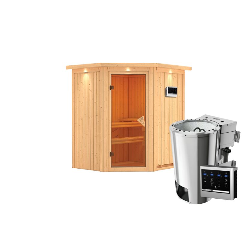 Elementsauna 'Emma' naturbelassen mit Kranz 3,6 kW Bio-Ofen externe Steuerung Easy 184 x 165 x 202 cm