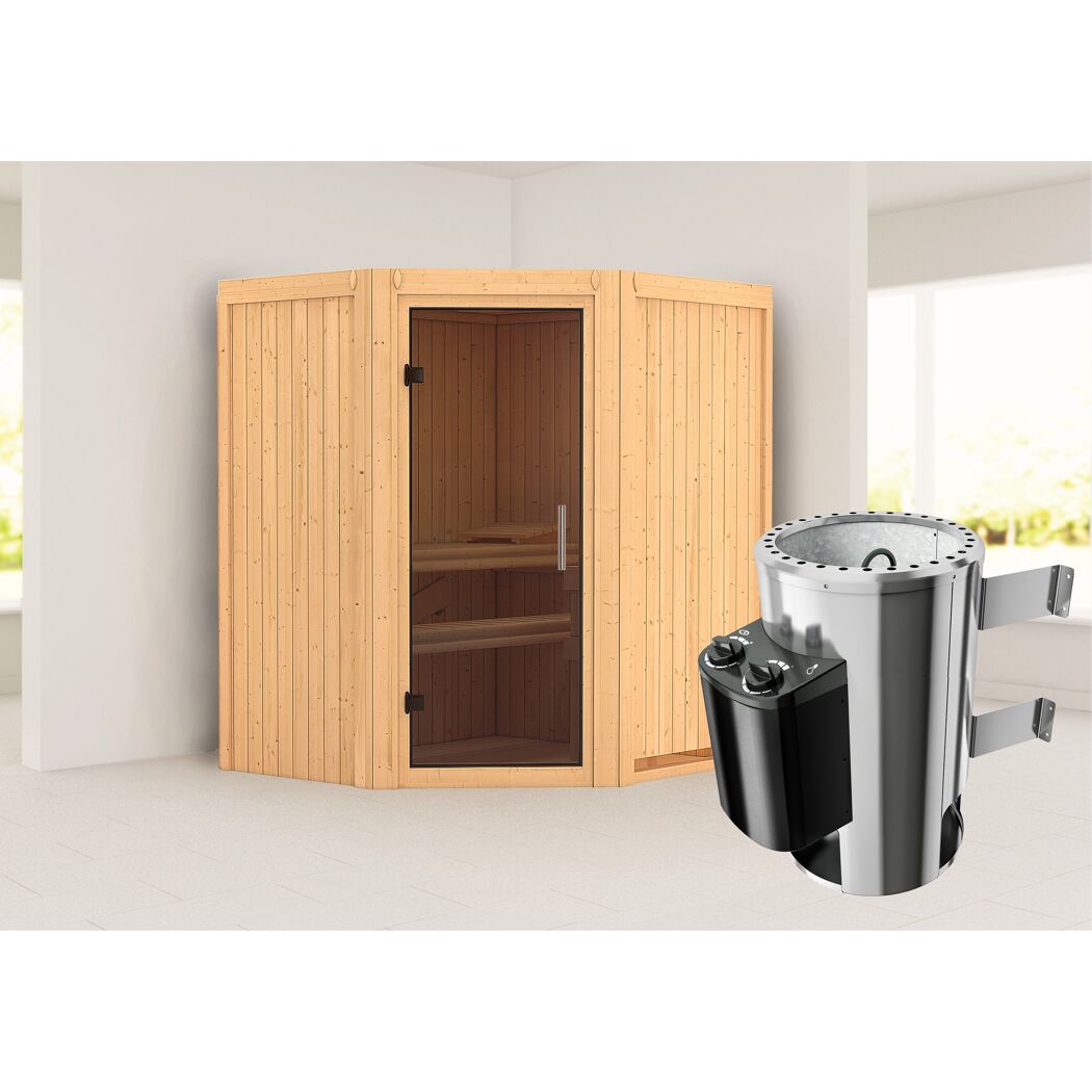 Ecksauna aus hellem Holz mit Saunaofen