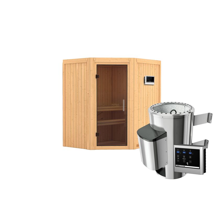 Eck-Sauna aus Holz mit Saunaofen