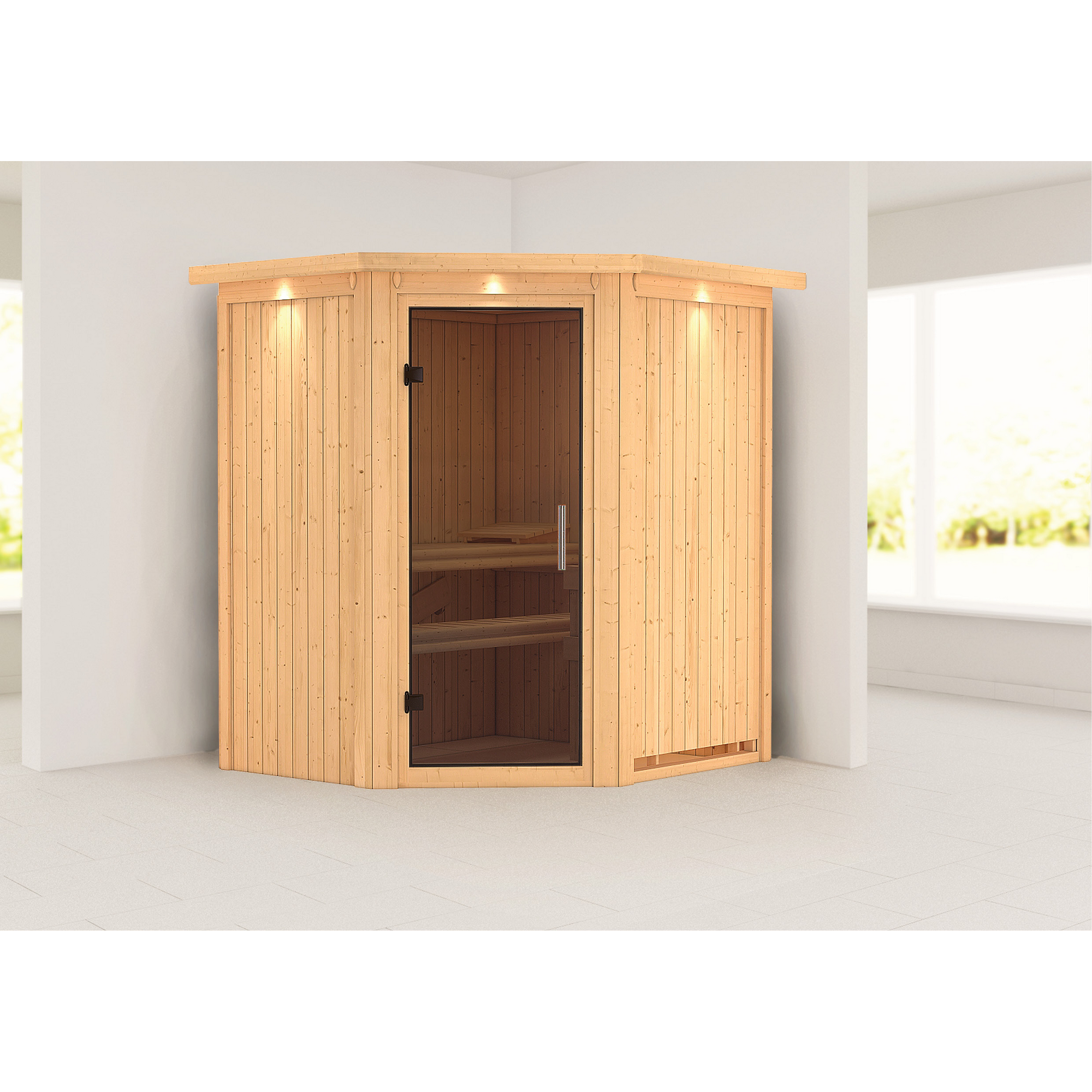 Elementsauna 'Emma' naturbelassen mit Kranz und graphitfarbener Tür 184 x 165 x 202 cm + product picture