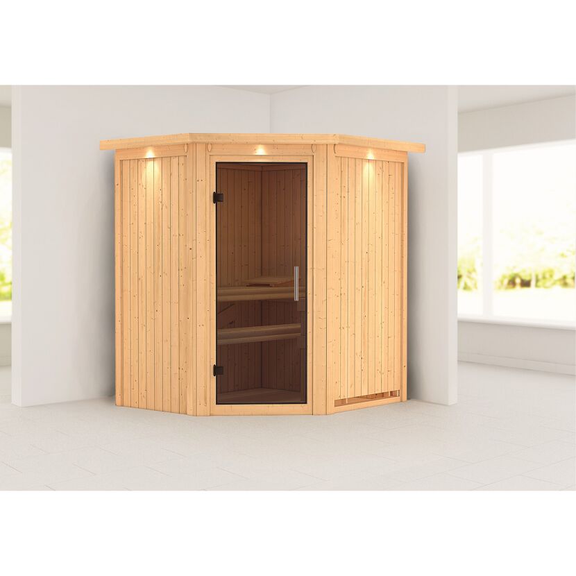 Eck-Sauna aus hellem Holz mit Glastür.