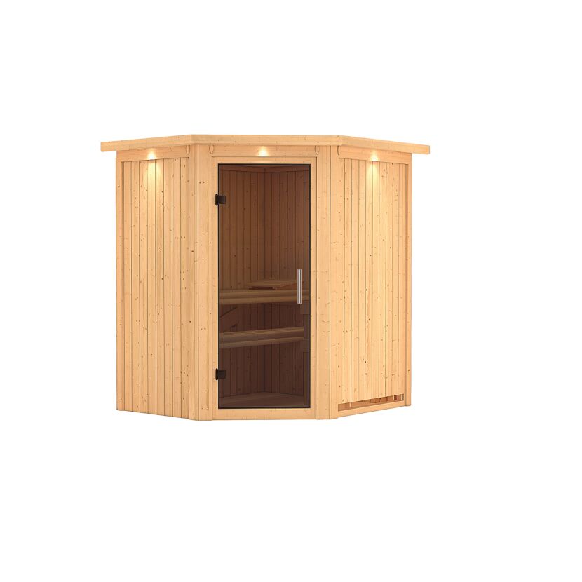 Eck-Sauna aus hellem Holz mit Glastür.
