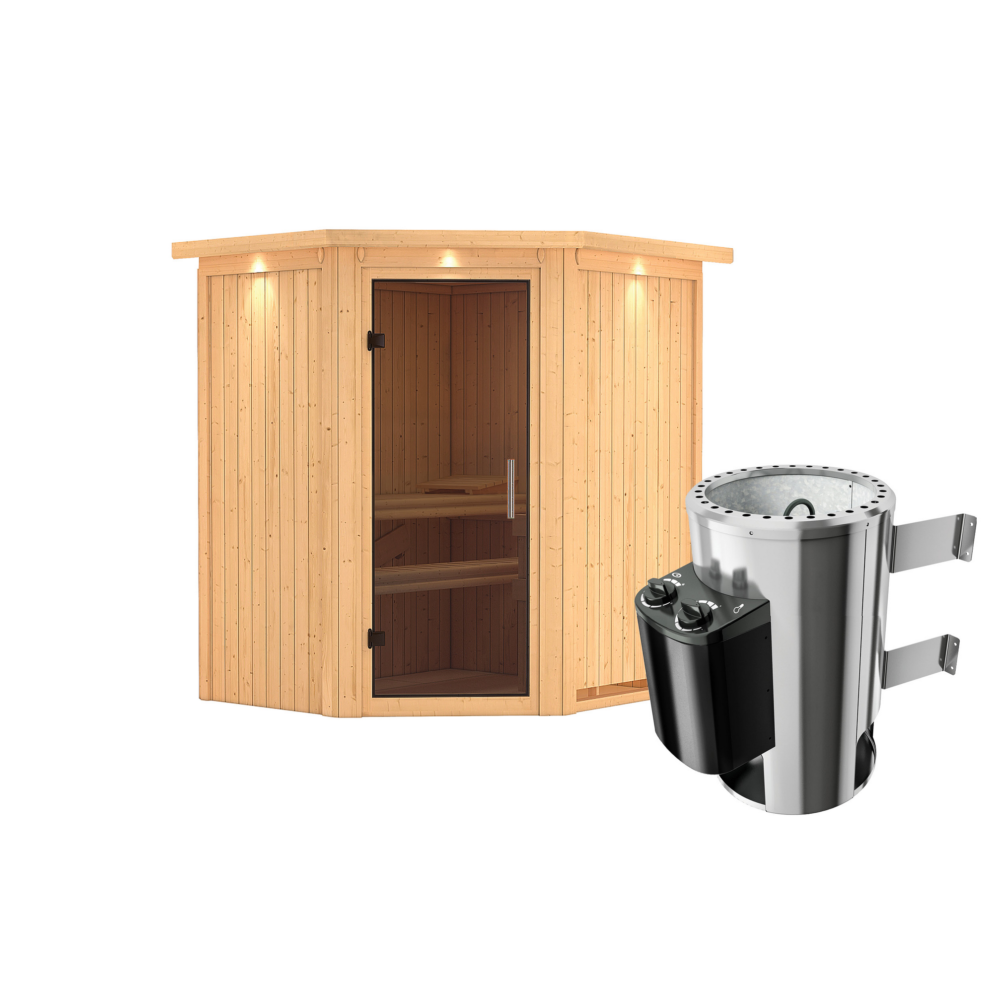 Elementsauna 'Emma' naturbelassen mit Kranz und graphitfarbener Tür 3,6 kW Ofen integrierte Steuerung 184 x 165 x 202 cm + product picture