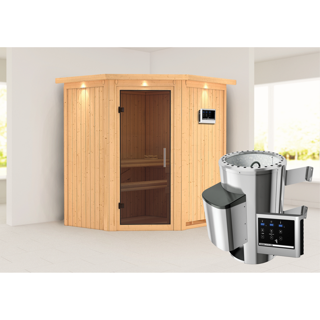 Bild von Elementsauna 'Emma' naturbelassen mit Kranz und graphitfarbener Tür 3,6 kW Ofen externe Steuerung Easy 184 x 165 x 202 cm