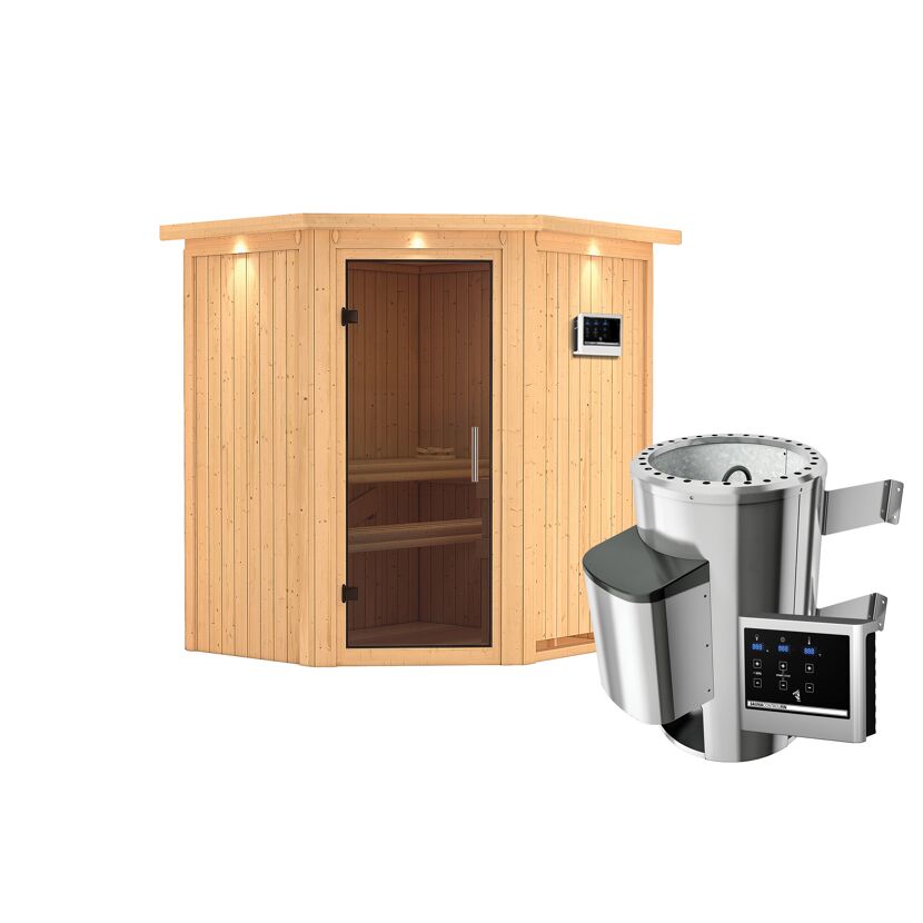 Eck-Sauna aus Holz mit Saunaofen
