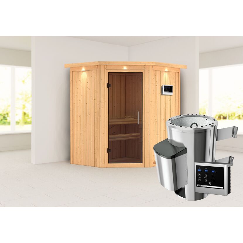 Ecksauna Emma aus Holz mit Saunaofen