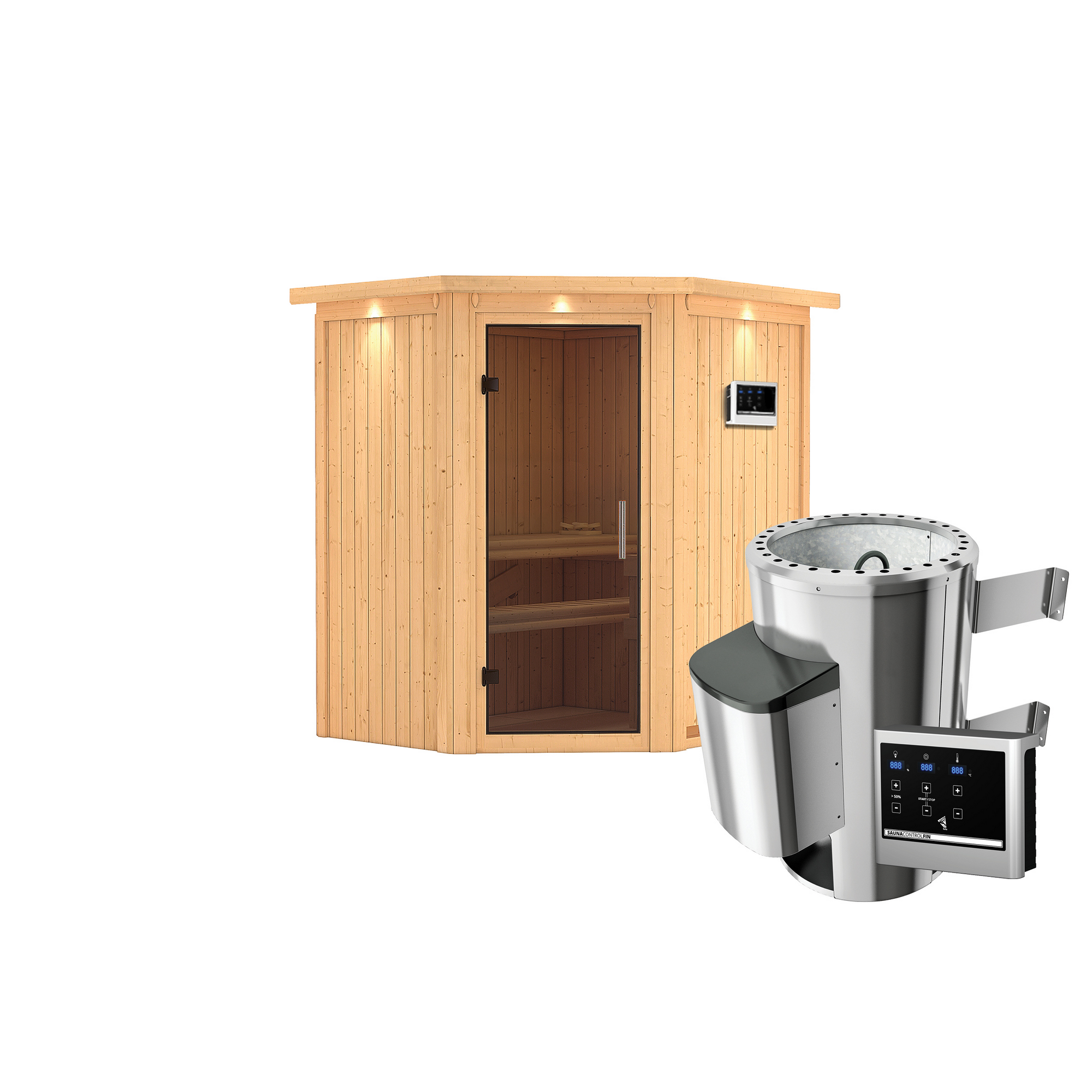 Eck-Sauna aus Holz mit Saunaofen