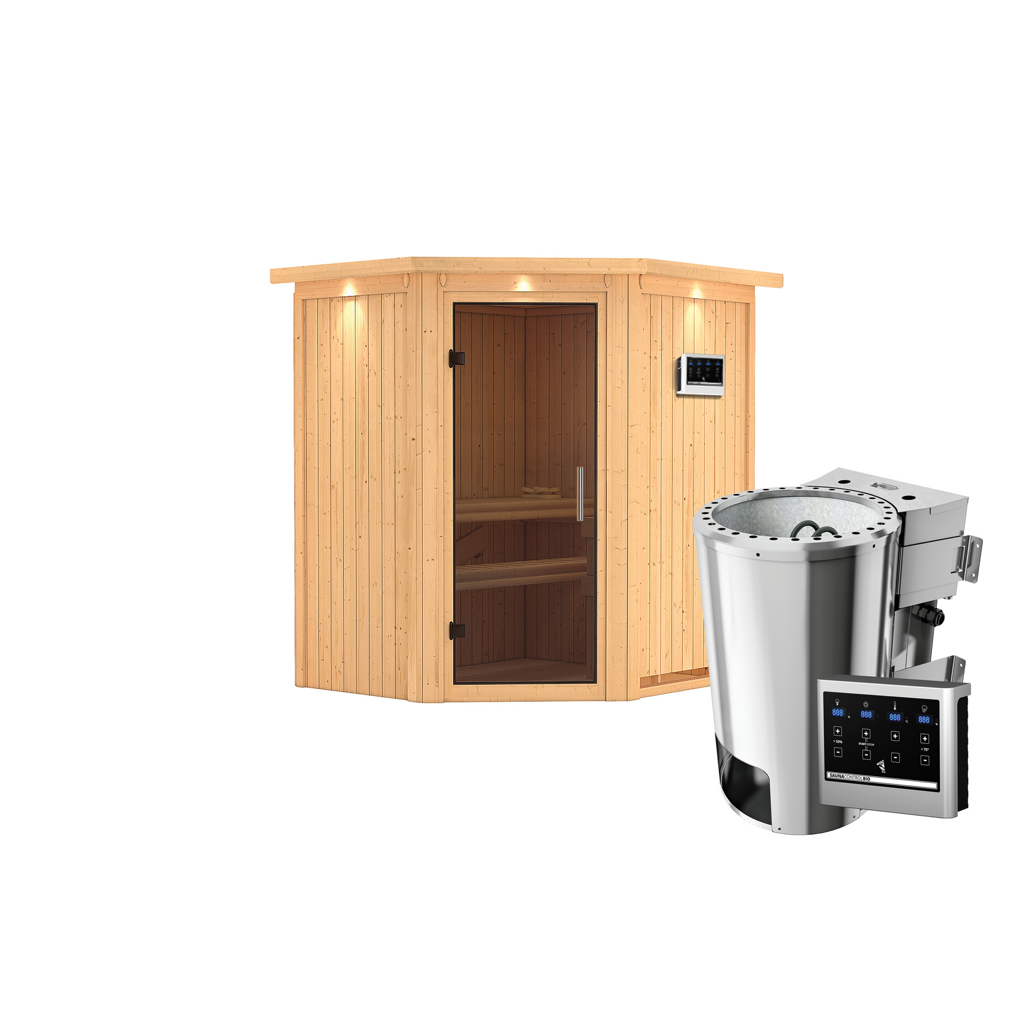 Eck-Sauna aus Holz mit Saunaofen