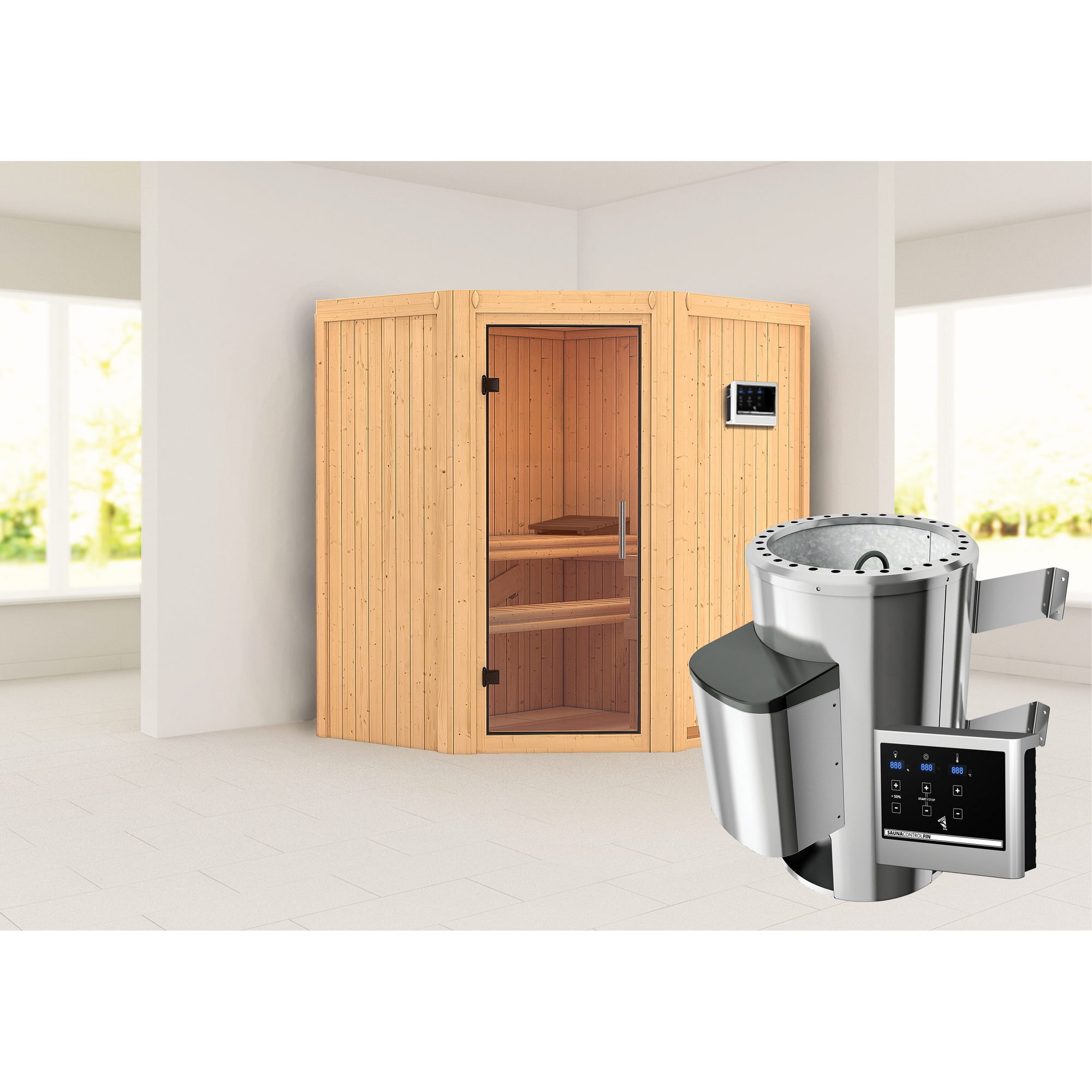 Eck-Sauna aus Holz mit Saunaofen