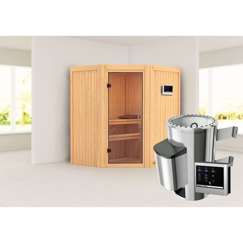 Eck-Sauna aus Holz mit Saunaofen