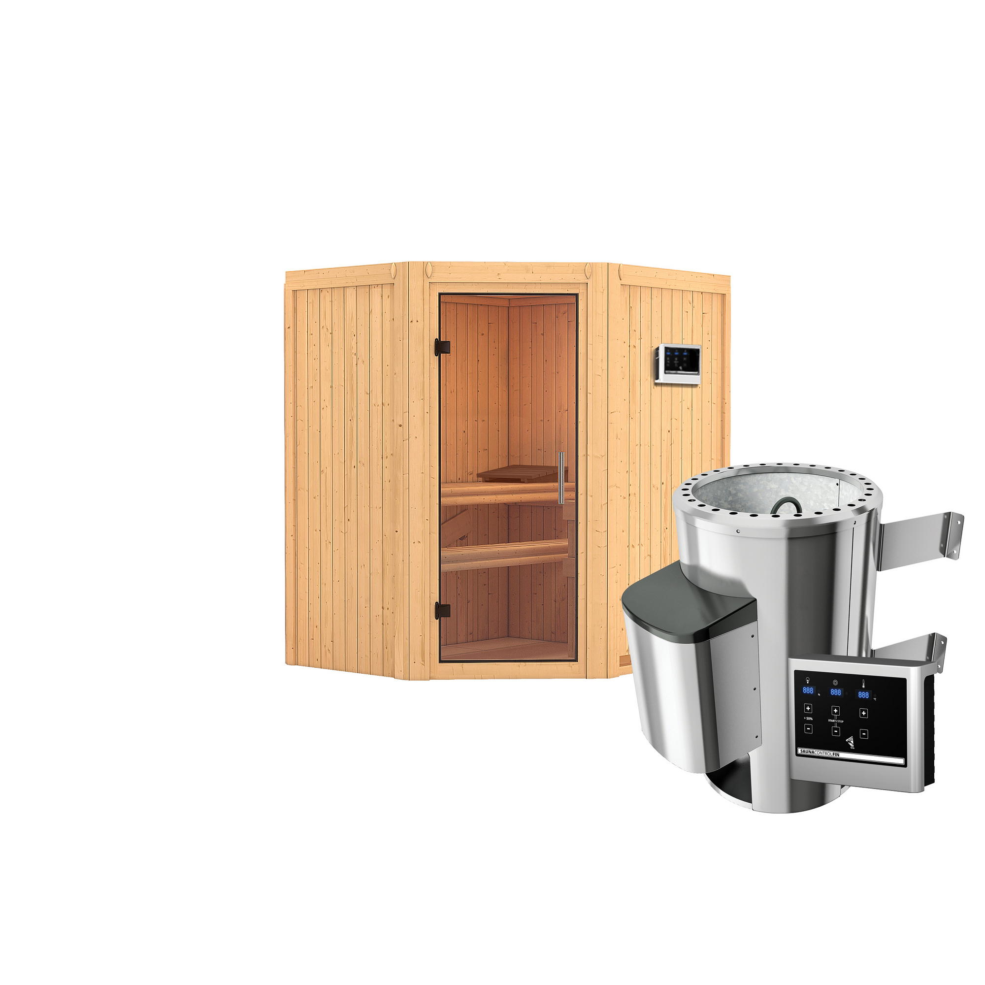 Eck-Sauna aus Holz mit Saunaofen