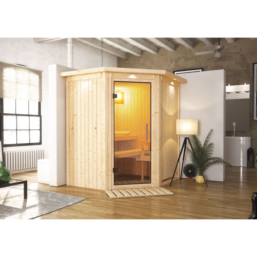 Elementsauna 'Emma' naturbelassen mit Kranz und Klarglastür 184 x 165 x 202 cm