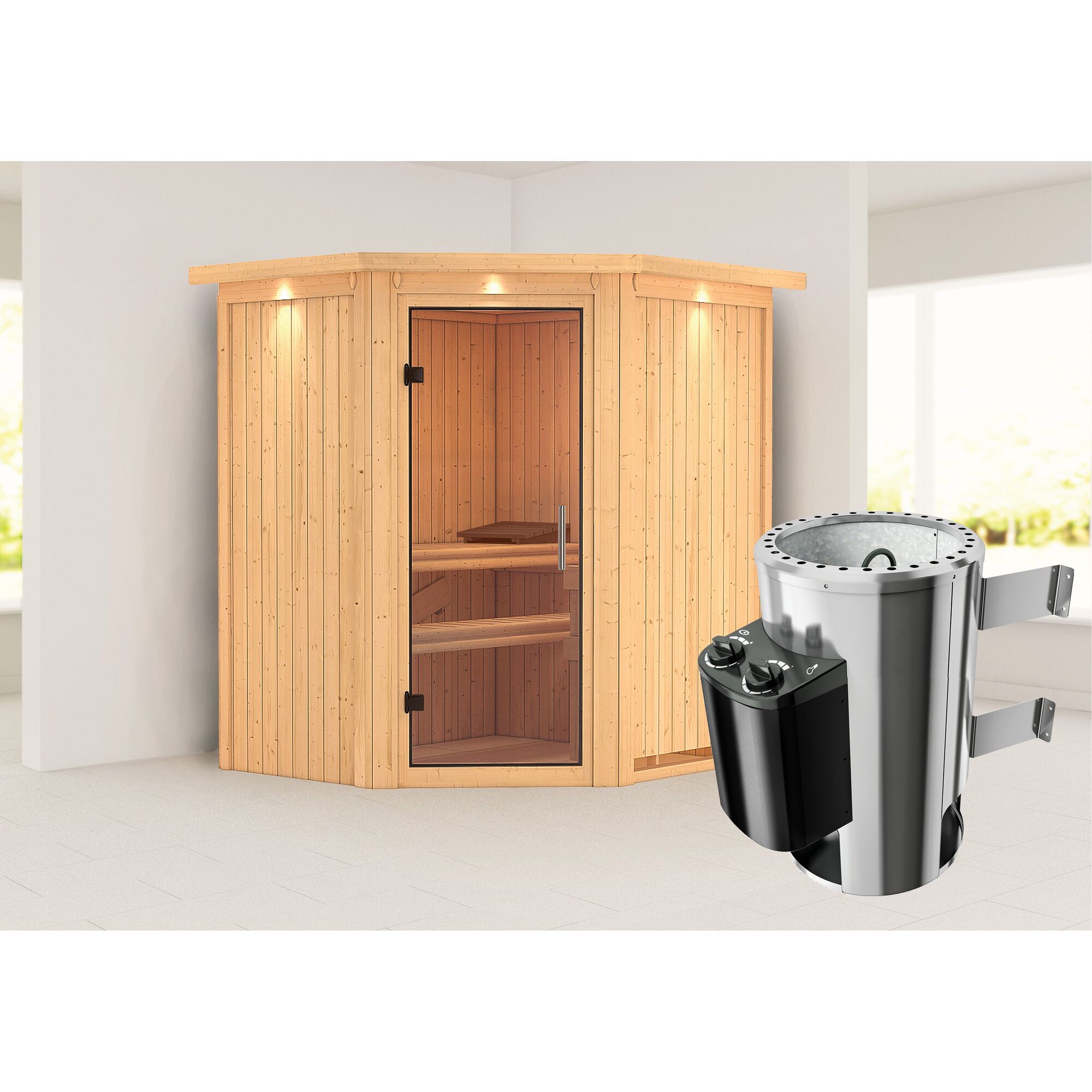 Eck-Sauna aus Holz mit Saunaofen