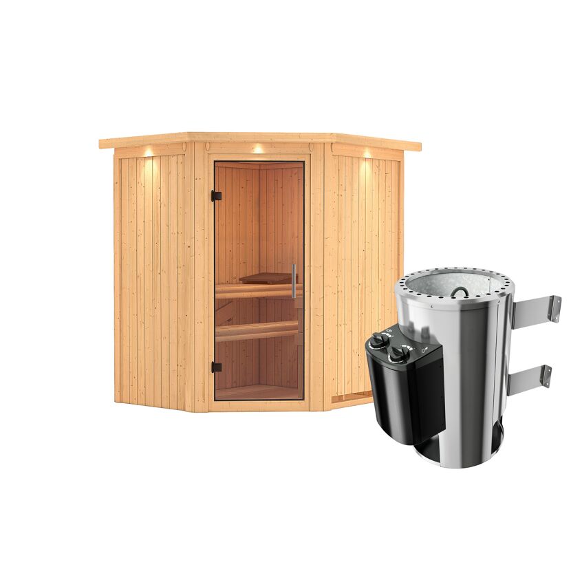 Eck-Sauna aus Holz mit Saunaofen