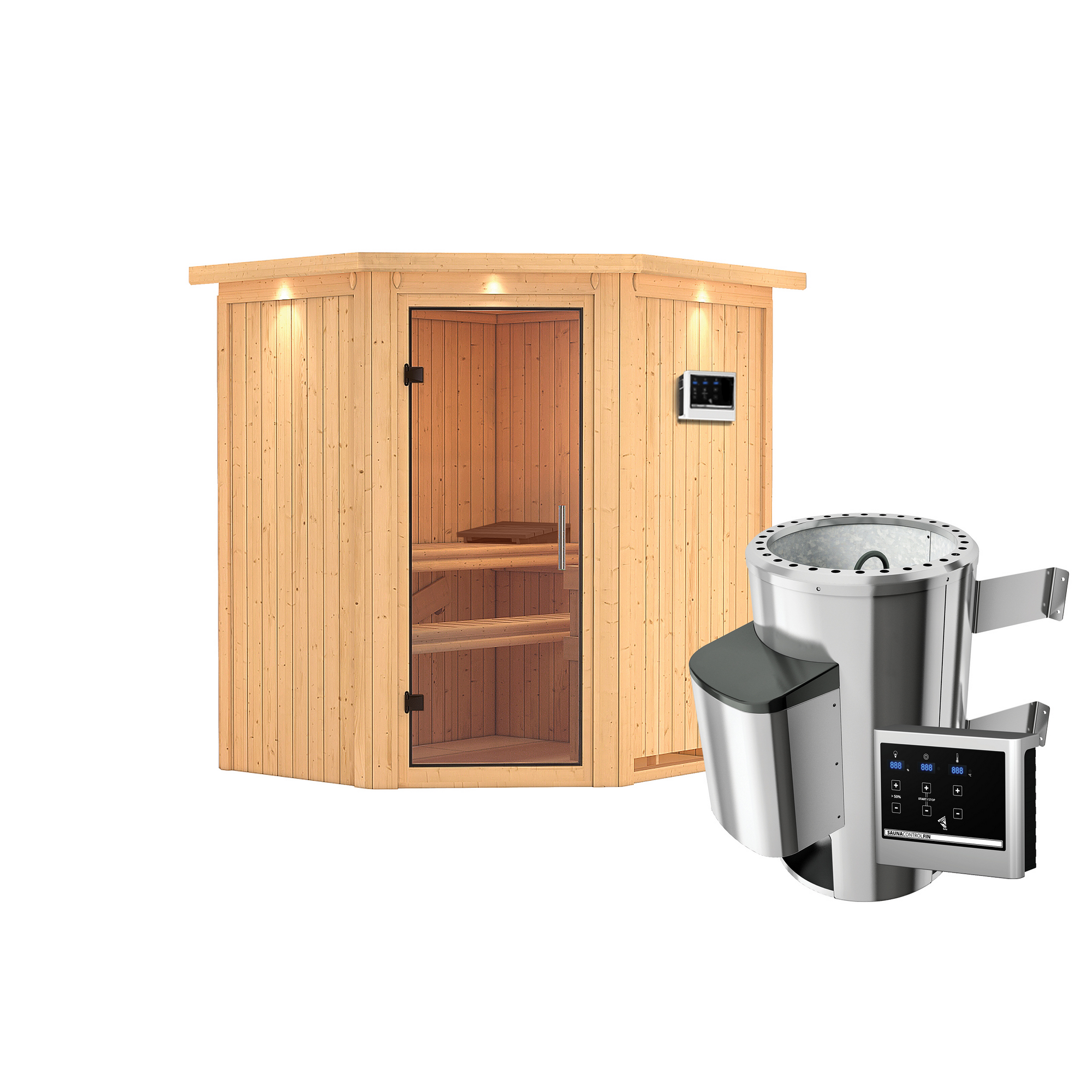 Elementsauna 'Emma' naturbelassen mit Kranz und Klarglastür 3,6 kW Ofen externe Steuerung Easy 184 x 165 x 202 cm