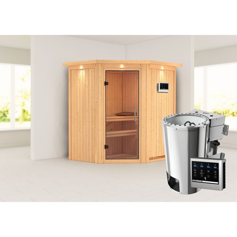 Elementsauna 'Emma' naturbelassen mit Kranz und Klarglastür 3,6 kW Bio-Ofen externe Steuerung Easy 184 x 165 x 202 cm