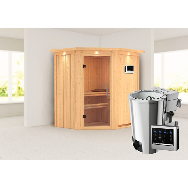 Bild von Elementsauna 'Emma' naturbelassen mit Kranz und Klarglastür 3,6 kW Bio-Ofen externe Steuerung Easy 184 x 165 x 202 cm